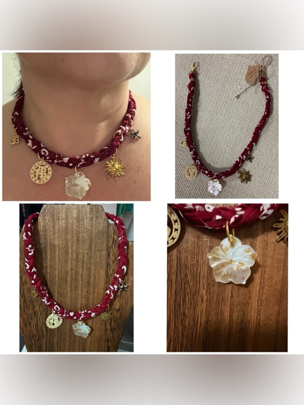 Handmade Braided dark red Charm Necklace with Gold Accents